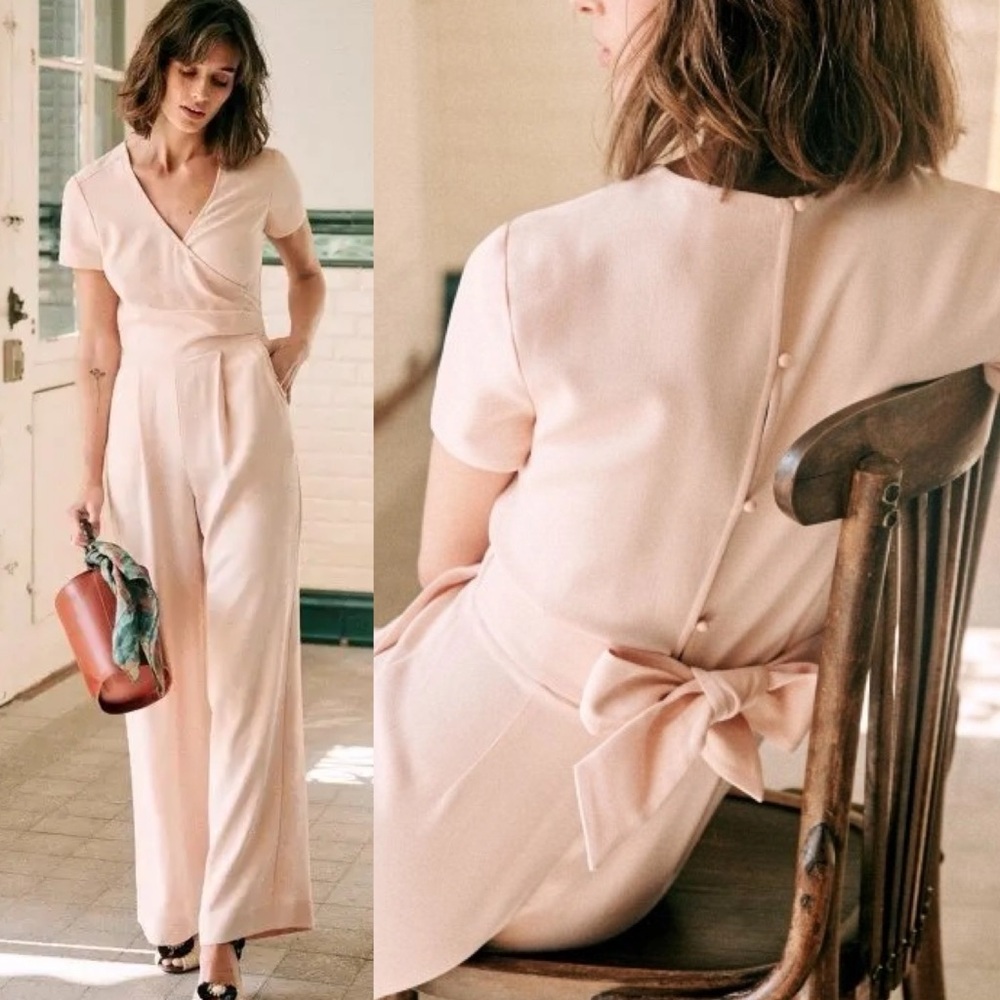 Sezane Nude Wide Leg Jumpsuit Womens Size 34 French US 2 Wrap Belted Minimalist